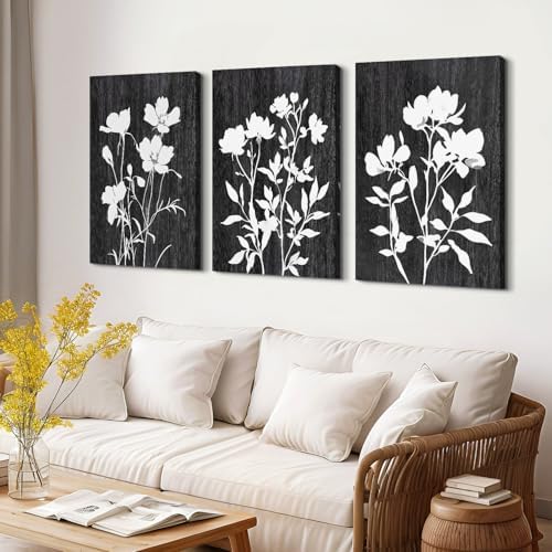 Black and White Silhouette Wall Art Abstract Flower Pictures Wall Decor Farmhouse Botanical Canvas Prints Rustic Floral Painting Poster Modern Artwork for Bedroom Living Room Decoration 24x36" 3Pcs