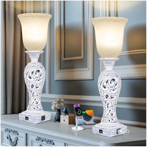 20" Vintage Table Lamps Set of 2 for Living Room, 3-Way Dimmable LED Bulb