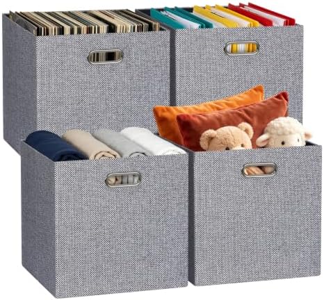 Posprica Fabric Storage Cubes, 13x13 Collapsible Storage Bins with Dual Handles, Foldable Storage Boxes Basket for Closet Shelf Cabinet Bookcase Organization, Set of 4, Houndstooth