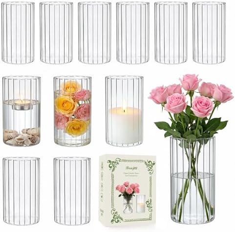12 pcs Ribbed Glass Cylinder,6 inch Flower Vases for Centerpieces | Clear Glass Candle Cylinders, Flower Vase & Floating Candle Holder, Wedding Decorations, Dining Table & Home Décor Gift
