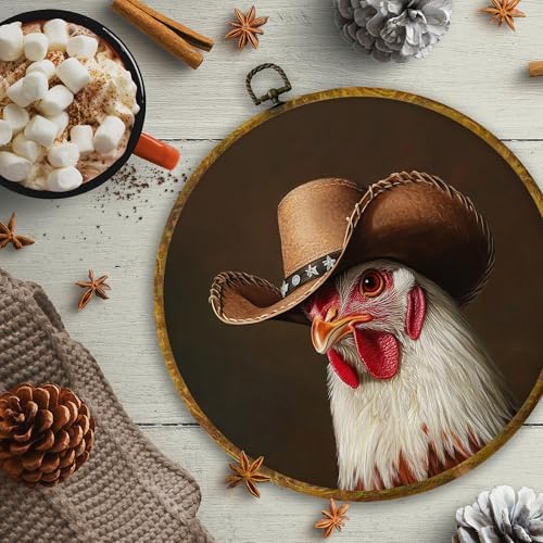 CUANFDDSF Western Chicken Cowboy Round Wall Art, Rustic Farmhouse Funny Animal Framed Hanging Wall Decor, Whimsical Cowboy Country Chicken Canvas Prints Decorations for Gallery Bedroom, 10x10 Inch
