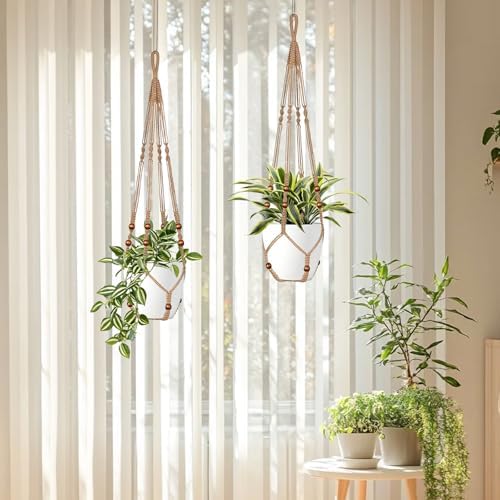 LEWESU Jute Macrame Plant Hanger Indoor Set of 2 Hanging Planter Basket Flower Pot Holder with Decorative Wood Beads & No Tassels for Indoor Outdoor Boho Home Decor, 35 Inch Brown (Pots Not Included)