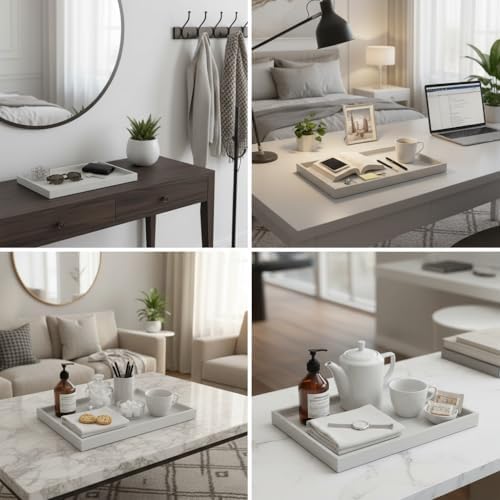 40 * 20 Inch Rectangular Ottoman Tray | Textured PU Leather, Waterproof & Heat-Resistant Storage for Coffee/Dining Tables, Sofa, Bed, Entertainment & Party (Tranquil Beige, 40 * 20in)