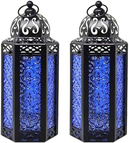 Vela Lanterns Decorative Indoor Moroccan Candle Holder, Cobalt, M, 2-Pack