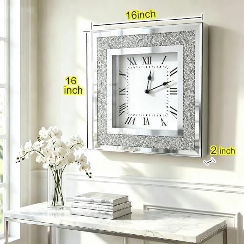 Crystal Crush Diamond Mirrored Square Wall Clock with Sparkle Twinkle Bling Diamond Decor for Wall Decoration, 16x16 inch Decorative Silver Mirror Quartz Clock for Home Decor. AA Battery not included