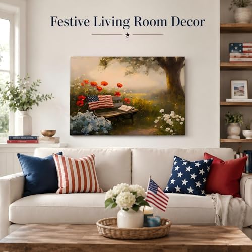 RIBNTAK Made in USA Farmhouse Floral 4th of July Canvas Prints– Vibrant Bench in Peaceful Garden Landscape Wall Art, Memorial Day Pictures for Living Room, Bathroom, or Office Wall Decor