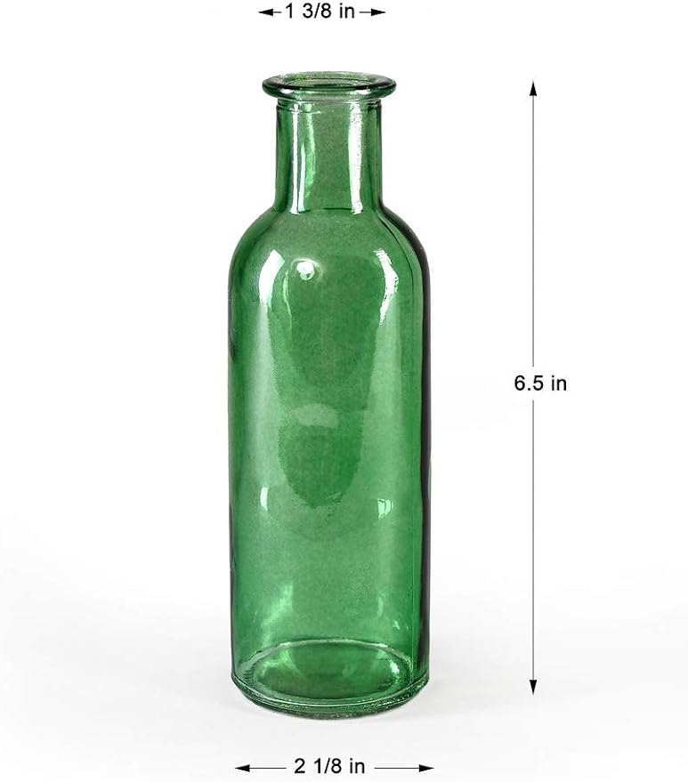 Serene Spaces Living Set of 6 Large Green Bud Vases, Apothecary Jars, Decorative Glass Bottles, Centerpiece for Wedding Reception, Antique Decoration, Flower Vases, Measures 6.5" Tall & 2" Diameter