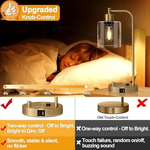 Lynnoland Set of 2 Industrial Table Lamps with USB C+A Ports and Outlet, Brass Fully Stepless Dimmable Bedside Lamps, Nightstand Lamps with Clear Glass Shade for Living Room Office (2 LED Bulb)