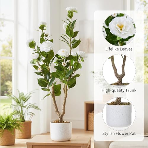 3FT Artificial Camellia Tree in White Planter, 2 Pack Faux Camellia Plant with 16 White Flowers, 36" Faux Flowers Potted Plant Trees for Home and Office Decor