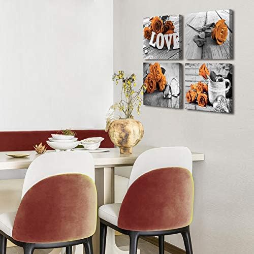 Black and White Bedroom Wall Decor Orange Rose Canvas Prints Art Aesthetic Flower Painting Picture 4 Pcs Sets Accessories Gray Wood Grain Mordern Valentines Office Bathroom Artwork Girls Gift 8 x 8"