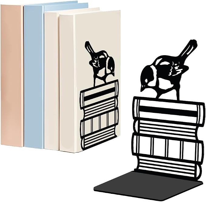 WADORN 1 Pair Sparrow Birds Books Metal Decorative Bookend for Shelves, Heavy Duty Book Ends Non-Skid Books Holder Stand Black Book Support Stoppers for Desk Bookshelf Office Home, 5.3x4.3x7.9 Inch
