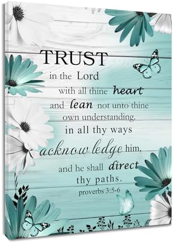LB Farmhouse Teal Blue Floral Wall Art for Bathroom Bible Verse Canvas Wall Art Wall Paintings Home Decor Daisy Flower Butterfly Wall Pictures for Living Room Bedroom Office Ready To Hang,16x20 Inch