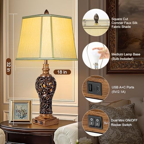32'' Tall Rustic Vintage Table Lamps Set of 2 with Night Lights, Large Size