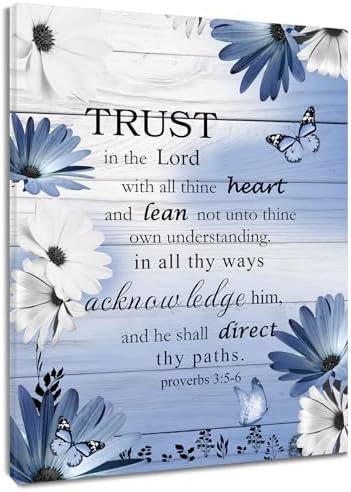 LB Rustic Blue Floral Wall Art for Bathroom Bible Verse on Vintage Grey Wood Canvas Wall Art Wall Paintings Home Decor Butterfly Wall Pictures for Living Room Bedroom Office Ready To Hang, 8x10 Inch