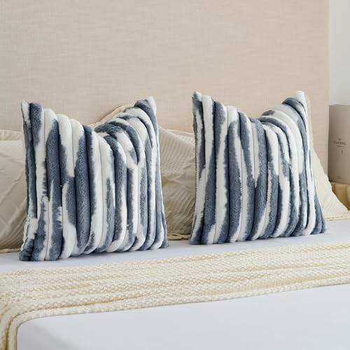 FUTEI Pack of 2 Faux Fur Throw Pillow Covers 24x24 Inch, Blue White