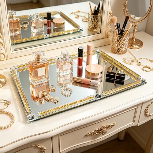 Large Mirror Perfume Tray for Dresser,Gold Crushed Diamond Filled