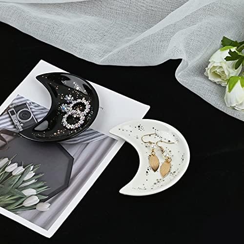 Small Moon Jewelry Dish Tray, Decorative Ceramic Trinket Dish, Modern Accent Tray for Vanity 2pcs（White and Black ）
