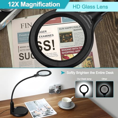 12X Magnifying Glass with Light and Clamp, 5 Color Modes Stepless Dimmable Lighted Magnifier with Stand, Flexible Gooseneck LED Desk Lamp Hands Free for Craft Reading Painting Hobby Close Work
