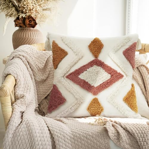 Merrycolor Boho Throw Pillow Covers 20x20 with Tassels, Decorative Pillow Covers Woven Tufted Bohemian Pillow Covers for Couch Sofa Bedroom Living Room