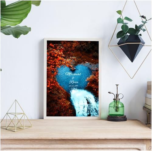 Water Fall or Anniversary Canvas Poster Prints Artwork with Couple's Names in Water Heart,Perfect Love Gift for Newlyweds Canvas Poster UNFRAMED