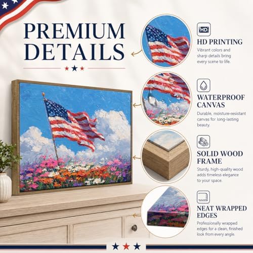 American Flag Framed Canvas Wall Art, 4th of July Patriotic Canvas Prints | Wildflower Landscape Poster Print, Vintage Rustic Independence Day Wall Decor for Bedroom Living Room Office 24×36in