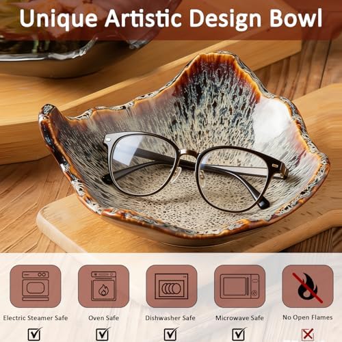 8" Ceramic Decorative Bowl，Irregular Rim Reactive Glaze Key Bowl For Entryway Table，Handcrafted Purse Catch All Bowls，Japanese Style Fruit Bowls For Tabletop or Home Decor