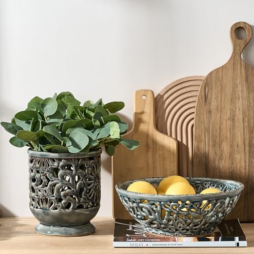 SIDUCAL Ceramic Fruit Bowl for Kitchen Counter,Decorative Fruit Basket with Holes, 10.43" Large Hollow Out Fruit Vegetable Holder Bowl for Table Decor, Gray