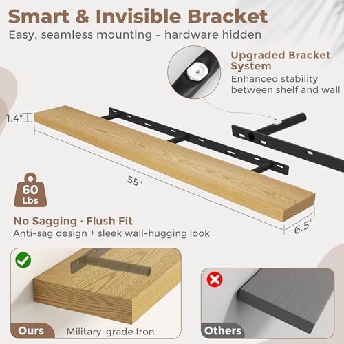 FLYJOE 55 Inch Floating Shelves for Wall Set of 2, 6.5" D Wood Grain Bathroom Shelves with Invisible Brackets, Easy Install Engineered Wood Storage Shelves for Kitchen, Living Room, Bedroom