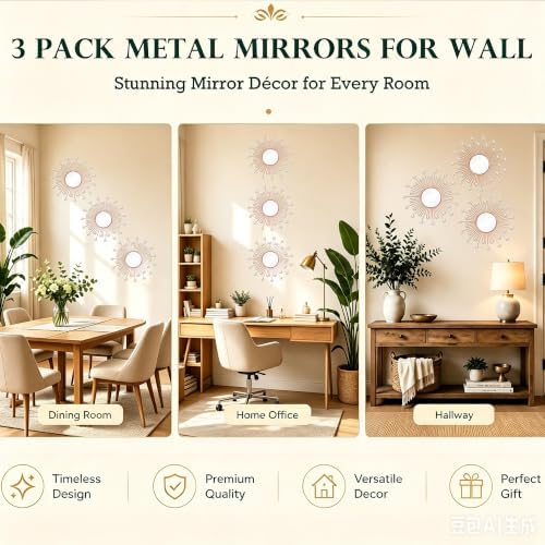 3 Pack Metal Mirrors for Wall Sunburst Wall Mirrors Home Décor Decorative Hanging Wall Art for Living Room Bedroom Entryway (Rose Gold2 Crystal, Sunburst)