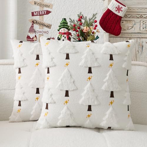 Kevin Textile Christmas Tree Pillow Covers 20x20 Inch Set of 2 Twinkle Golden Star Embroidery Soft Plush Faux Fur Throw Pillowcases for Couch Sofa Holiday Festivals Winter Xmas Gift, White Cream