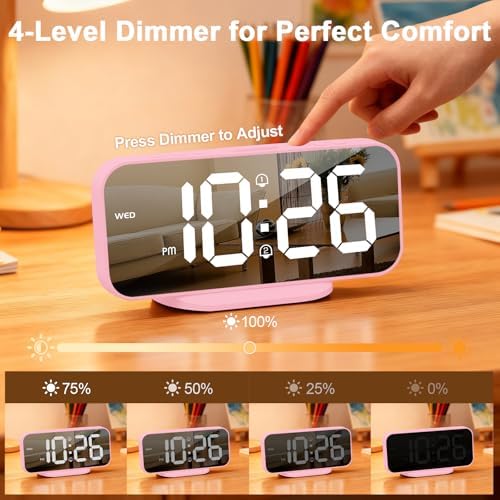 ALANAS Pink Mirror Digital Alarm Clock for Girls & Teens, Dual Alarms, Snooze, Adjustable Brightness, 2 USB Ports, Weekday Display, Cute Bedside Clock for Kids, Bedroom, Desk, Dorm, Gift Idea