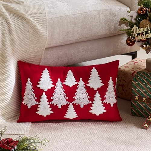 Red Christmas Pillow Covers 12x20 Inch Embroidery White Xmas Trees Decorative Lumbar Throw Pillow Cover Winter Holiday Pillow Case Cushion Cases for Sofa Couch Living Room Decorations