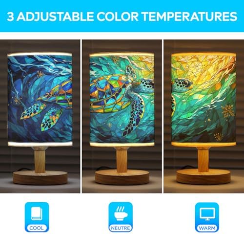 Sea Turtle Table Lamp LED 3-Color Pressed Bedside, Sea Turtle Shade Lamp with Wood Base for Bedroom Living Room Desk Office TL01
