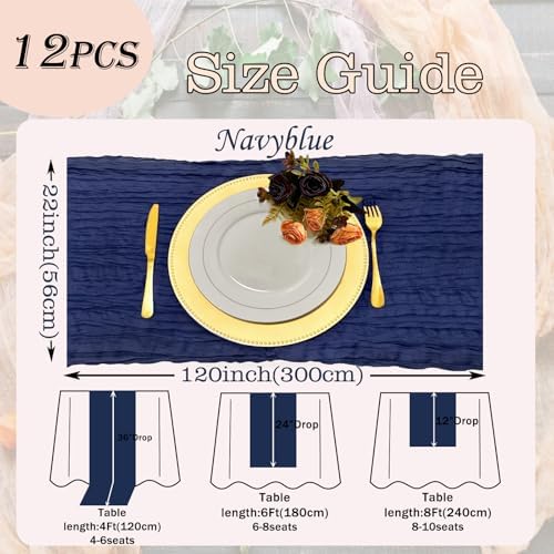12 Pack Navy Blue Cheesecloth Table Runner 22x120 Inch-Naturally Dyed Colors Sheer Gauze Cheese Cloth Wedding Table Runner,Rustic Boho Crinkle Fabric, Reception, Bridal Shower,Farmhouse Dining Decor
