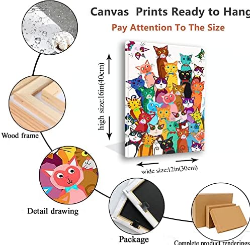 Funny Colorful Cat Bathroom Wall Art, Cute Cartoon Kitty Canvas Print | Framed Cat Poster Palyful Animal Picture Wall Decor for Bathroom Kids Bedroom Nursery Playroom 12x16 Inches