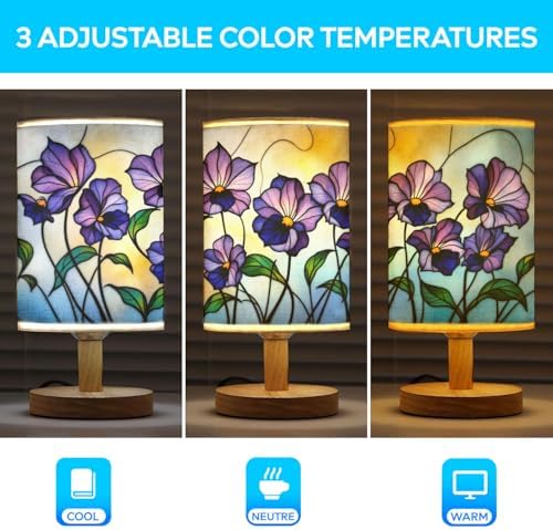 Violet Table Lamp LED 3-Color Pressed Bedside, Violet Shade Lamp with Wood Base for Bedroom Living Room Desk Office TL01