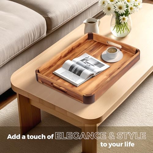 22 x 15.7 Inch Large Acacia Wood Serving Tray with Handles, Extra Spacious Decorative Wooden Tray with Dark Walnut-Tone Curved Corner Accents for Coffee Table, Ottoman & Kitchen Counter