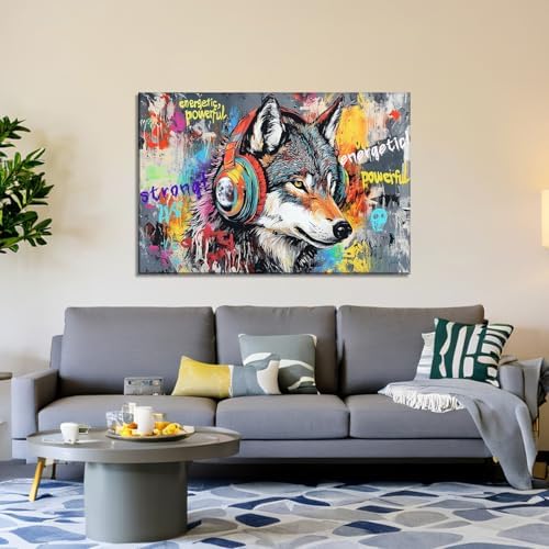 Large Wolf Canvas Wall Art - Wolf Wall Decor Graffiti Picture Funny Animal Listen to Music Painting Inspirational Prints Pop Artwork Office Living Room Home Decor Framed(Wolf-16,28.00"x42.00")