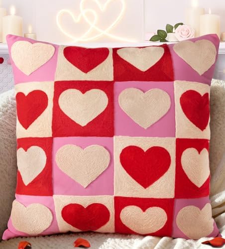 Valentines Pillow Cover 18x18 Inch - Embroidered Valentines Day Red White Hearts Design Throw Pillow Cover Decorations Soft Cushion Case Home Decor for Couch, Sofa, or Bed(1 Pack)