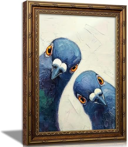 CXKAWM Vintage Gold Framed Whimsical Pigeon Canvas Wall Art 9x11in | Funny Blue Bird Wall Decor Picture Modern Animal Poster Print for Living Room Dining Room Home Decoration