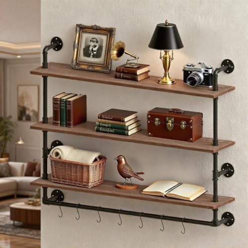 ROGMARS Industrial Floating Pipe Wall Shelves with Towel Rack 30 Inch
