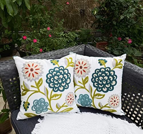 Flower Embroidered Pillow Covers 18x18 Summer Decorative Pillowcases Colorful Farmhouse Plant Cushion Covers for Couch Sofa Bed Living Room Picnic 2 Pcs