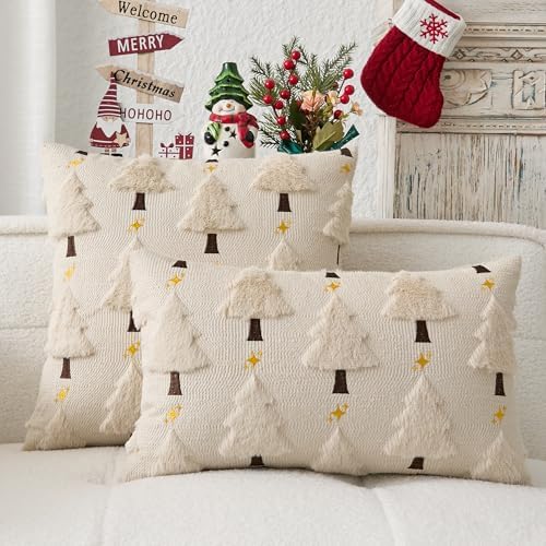Kevin Textile Christmas Tree Pillow Covers 16x16 Inch Set of 2 Twinkle Golden Star Embroidery Soft Plush Faux Fur Throw Pillowcases for Couch Sofa Holiday Festivals Winter Xmas Gift, Beige