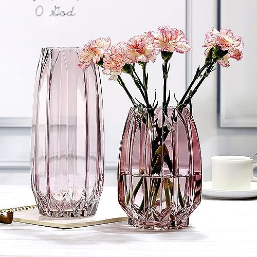Lucky Bird Pink Glass Vase Modern Ribbed Vase for Flowers, Candles, and Decorative Accents - Tall/Short Vases for Centerpieces Home Table Decor(Purple Pink H8.0inch)