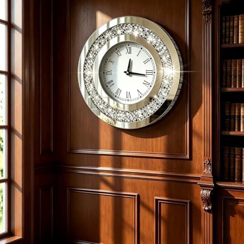 DMDFIRST Silver Round Mirror Clock 20x20inches Crystal Sparkle Twinkle Bling Crush Diamond Mirrored Large Wall Clock for Wall Decoration Silver Glass Mirror Home Décor. AA Battery is not Included.