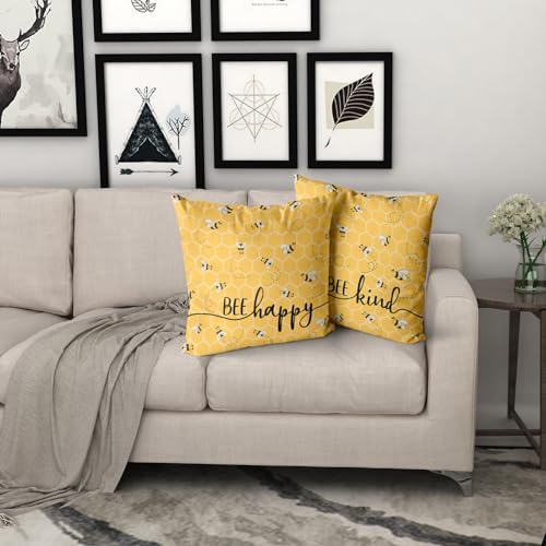 Giwawa Summer Pillow Covers Set of 2-20x20inch Bee Happy Decorative Square Pillowcases - Yellow Honeycomb Farmhouse Throw Cushion Cover for Sofa Couch Indoor Outdoor Living Room
