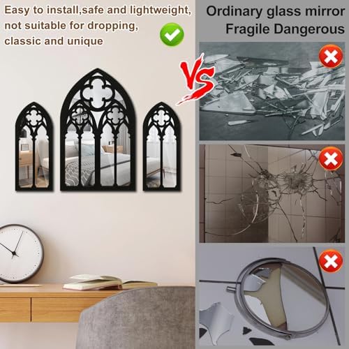 3Pcs Gothic Mirrors Wall Decor 11.8" Arched Decorative Mirrors Wall Mounted Goth Room Decor Vintage Cathedral Window Mirror Indoor Accent Wood Framed Entry Mirror for Living Room Bathroom