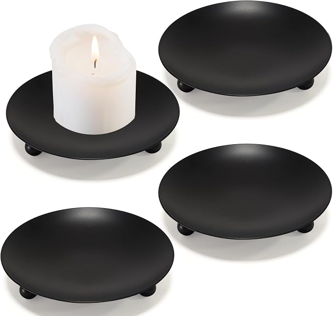 GUTE Candle Holder Plate 4Pcs Black Iron Tray for Pillar Candles