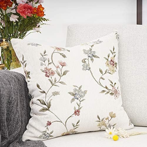 YOUR SMILE Embroidery Jacquard White Floral Leaf Pattern Square Decorative Throw Pillow Case Cushion Cover,18x18 inch