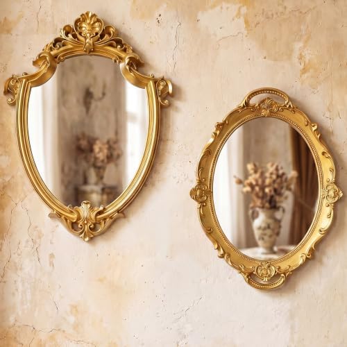 Beeveer 2 Pcs Vintage Gold Wall Mirror Set Luxury Gallery Wall Mirror Decorative Hanging Antique Decor for Living Room Entryway Wedding Bedroom Bathroom Victorian Decor (Classic,Gold)